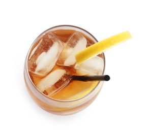 Photo of Glass of refreshing iced tea with lemon slices on white background, top view