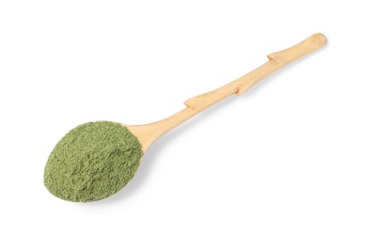 Wheat grass powder in wooden spoon isolated on white, top view