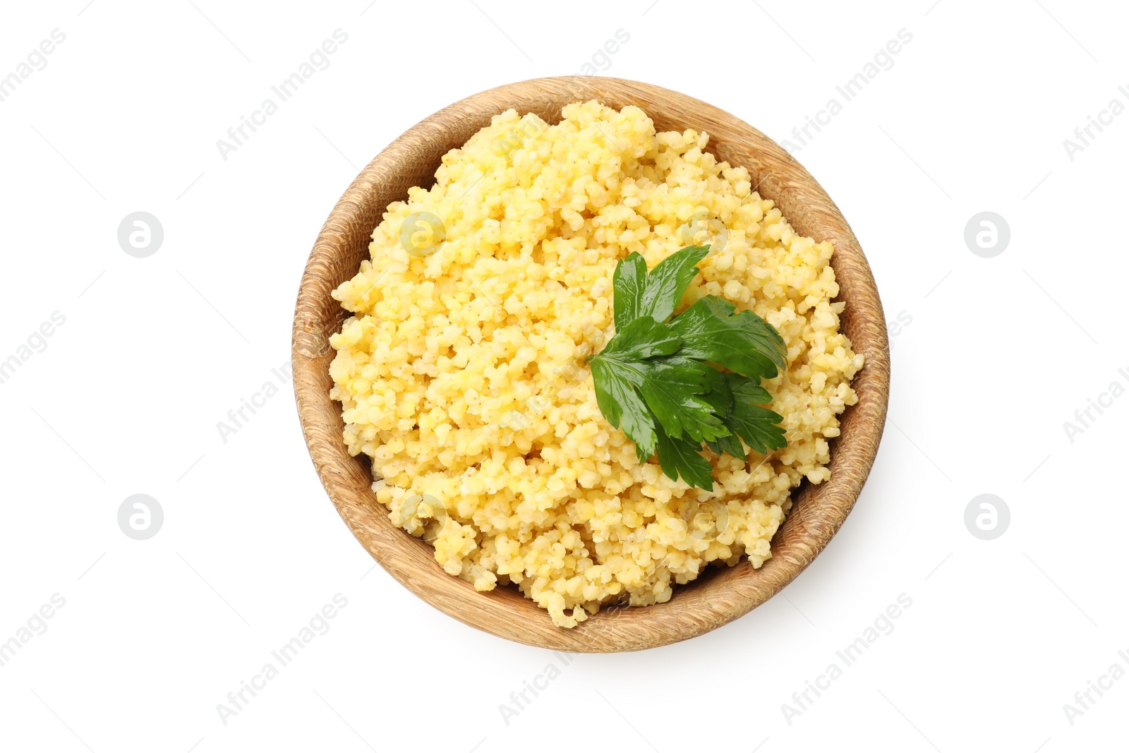 Photo of Tasty millet porridge with parsley in bowl isolated on white, top view