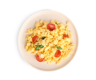 Photo of Tasty scrambled eggs with sprouts and cherry tomato isolated on white, top view