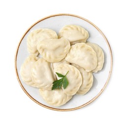 Delicious dumplings (varenyky) with tasty filling and parsley isolated on white, top view