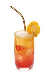 Photo of Glass of tasty pineapple cocktail with straw isolated on white