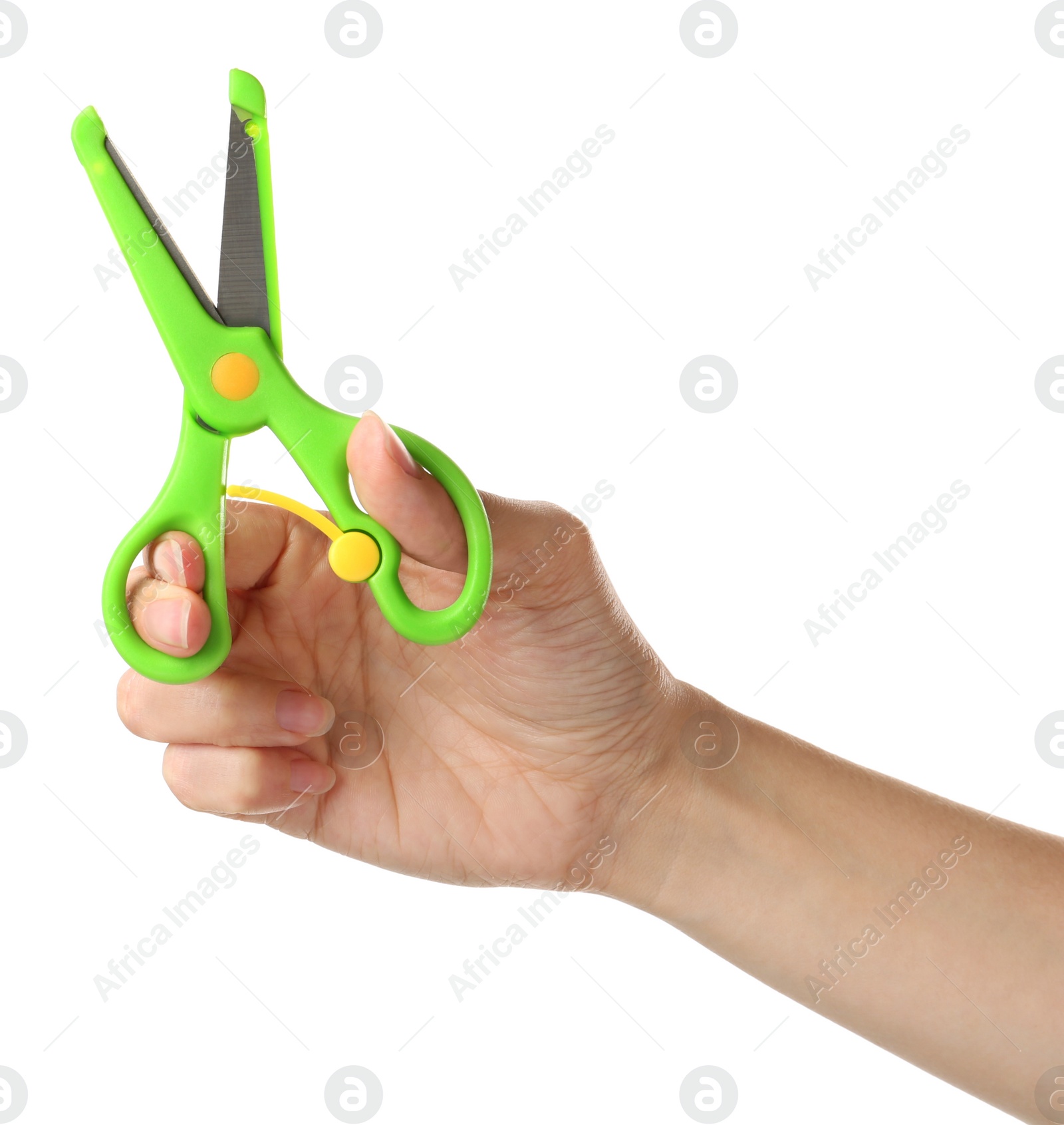 Photo of Woman holding small scissors isolated on white, closeup