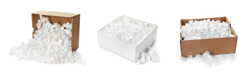 Set with cardboard boxes with styrofoam cubes on white background