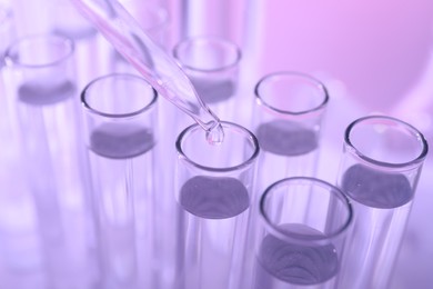 Photo of Dripping liquid from pipette into test tube on violet background, closeup