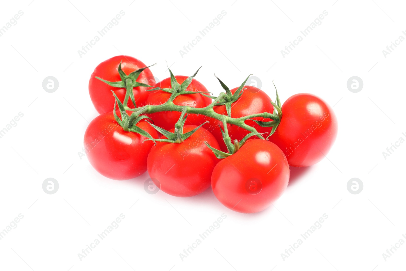 Photo of Branch of fresh cherry tomatoes isolated on white