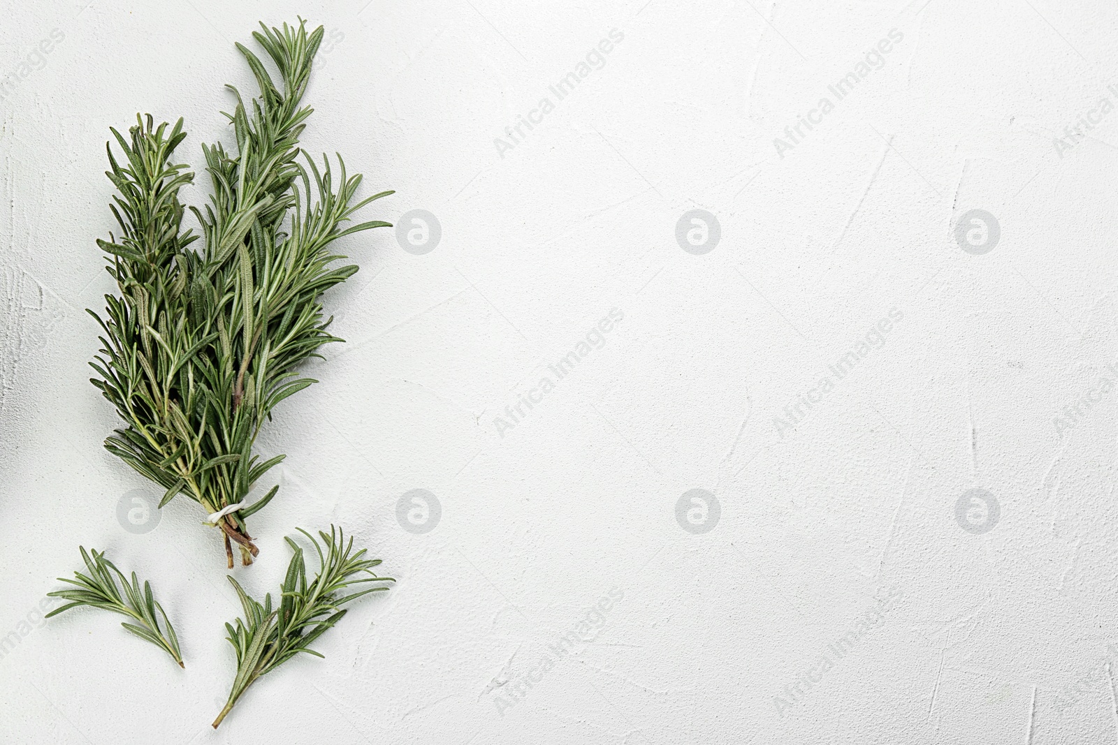 Photo of Bunch of fresh rosemary on white table, flat lay. Space for text