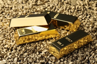 Many gold ingots on nuggets, closeup view