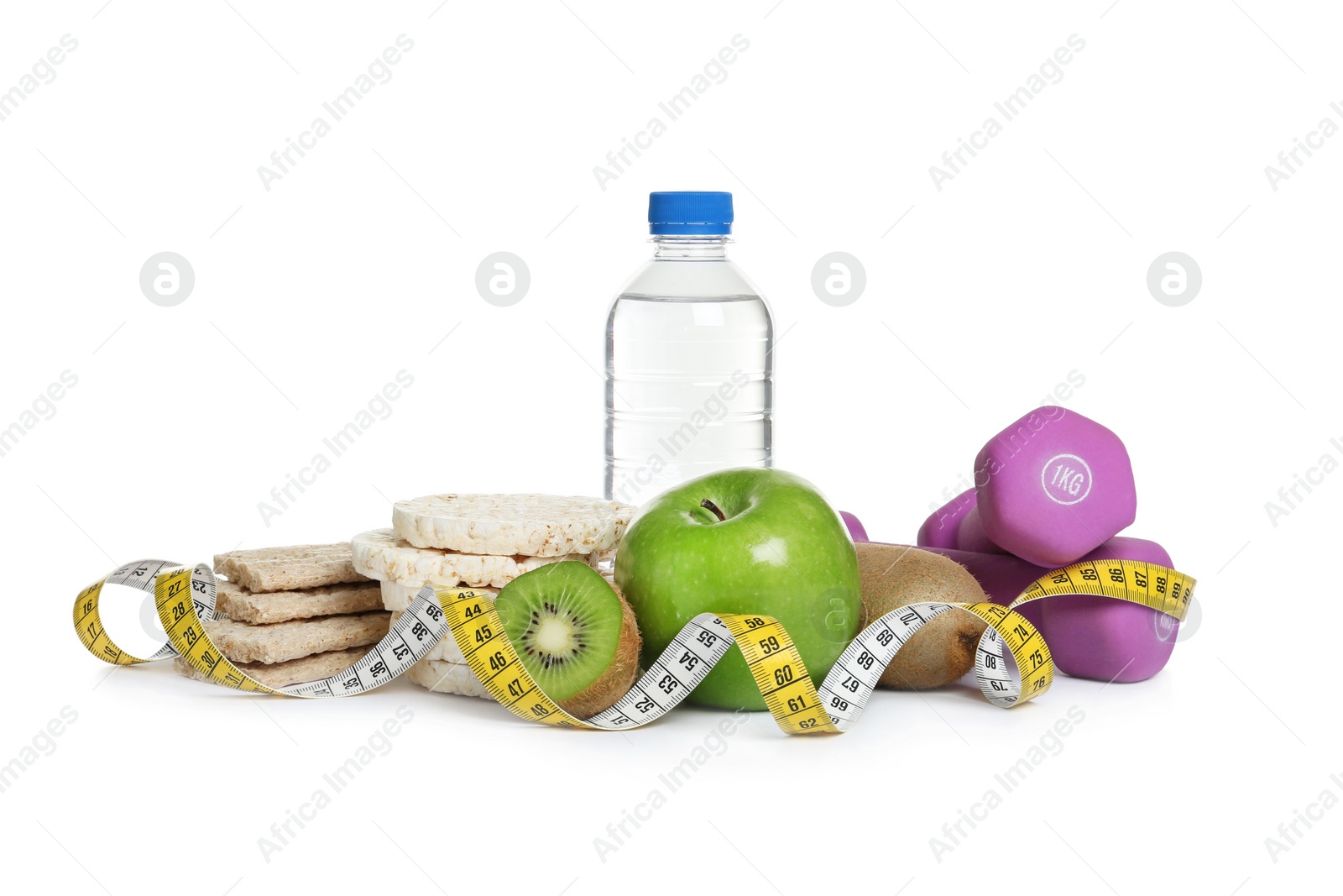 Photo of Healthy food, measuring tape and dumbbells on white background. Concept of weight loss