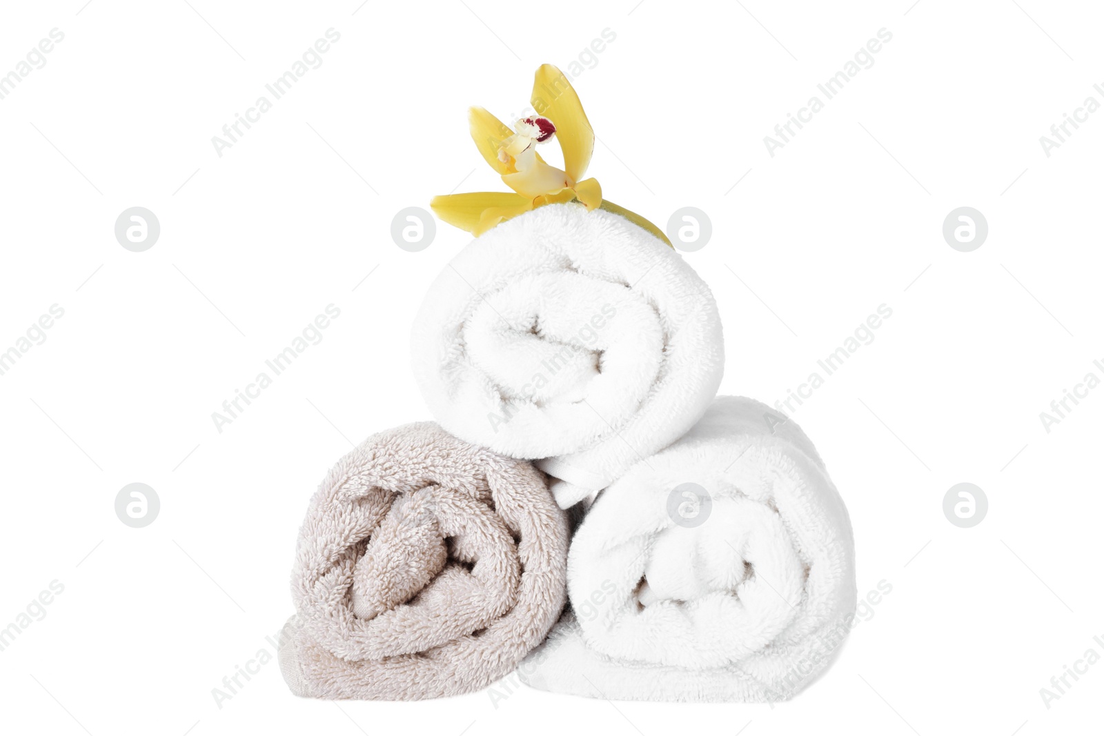 Photo of Fresh towels and exotic flower isolated on white