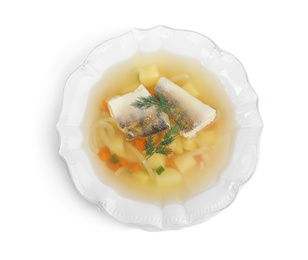 Photo of Delicious fish soup in bowl isolated on white, top view