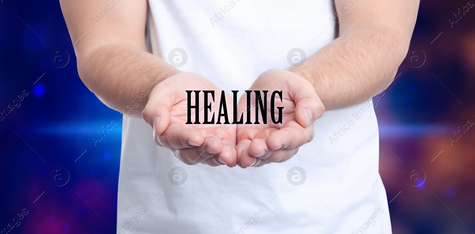 Image of Closeup view of man on color background. Healing concept