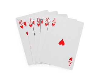 Photo of Hand of playing cards isolated on white, top view. Poker game