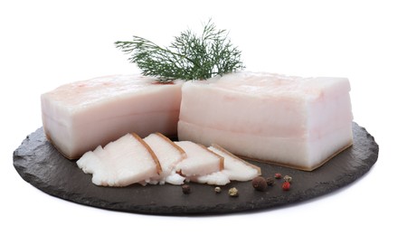 Photo of Pork fatback with dill and peppercorns isolated on white