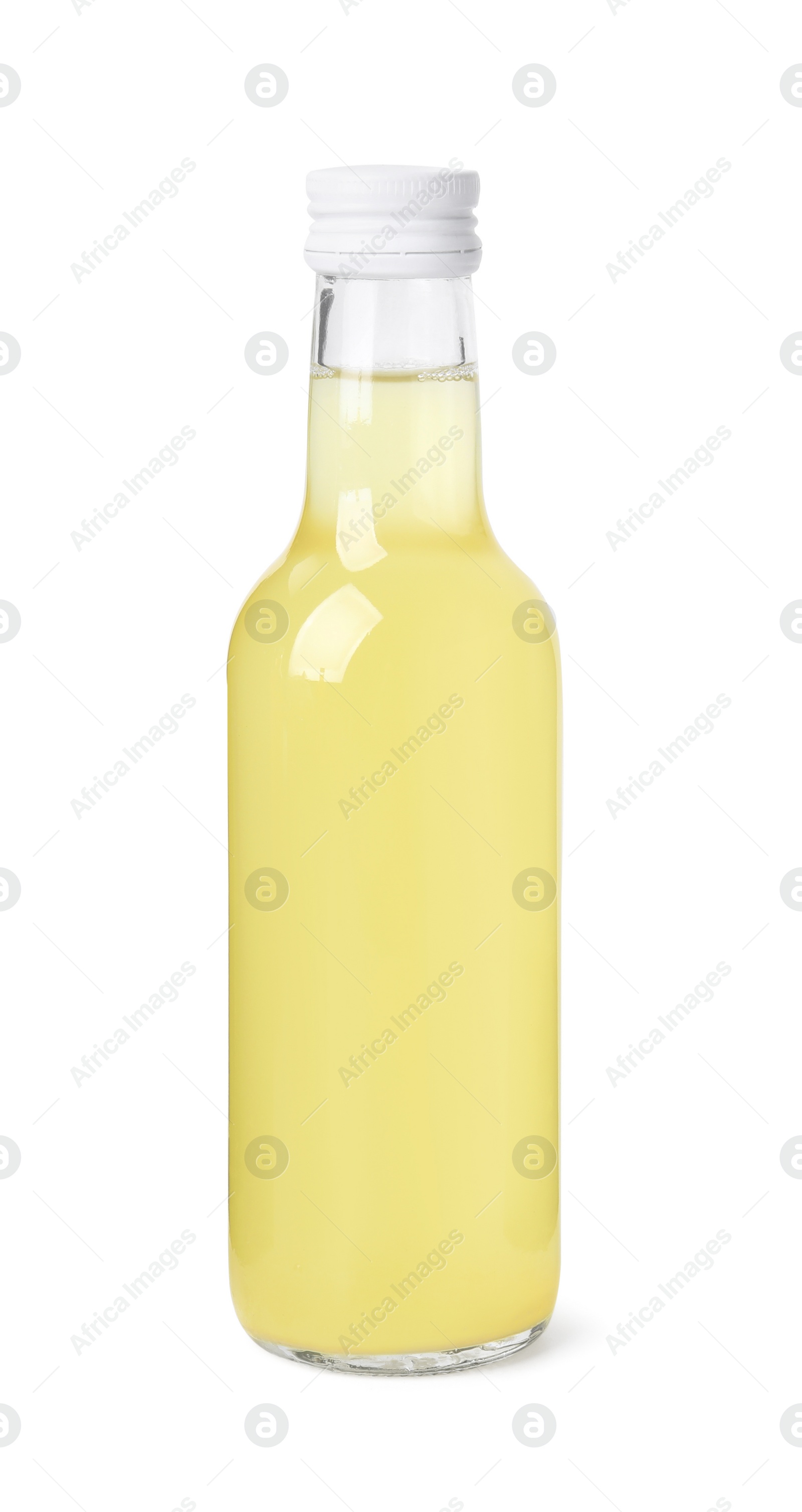 Photo of Delicious kombucha in glass bottle isolated on white