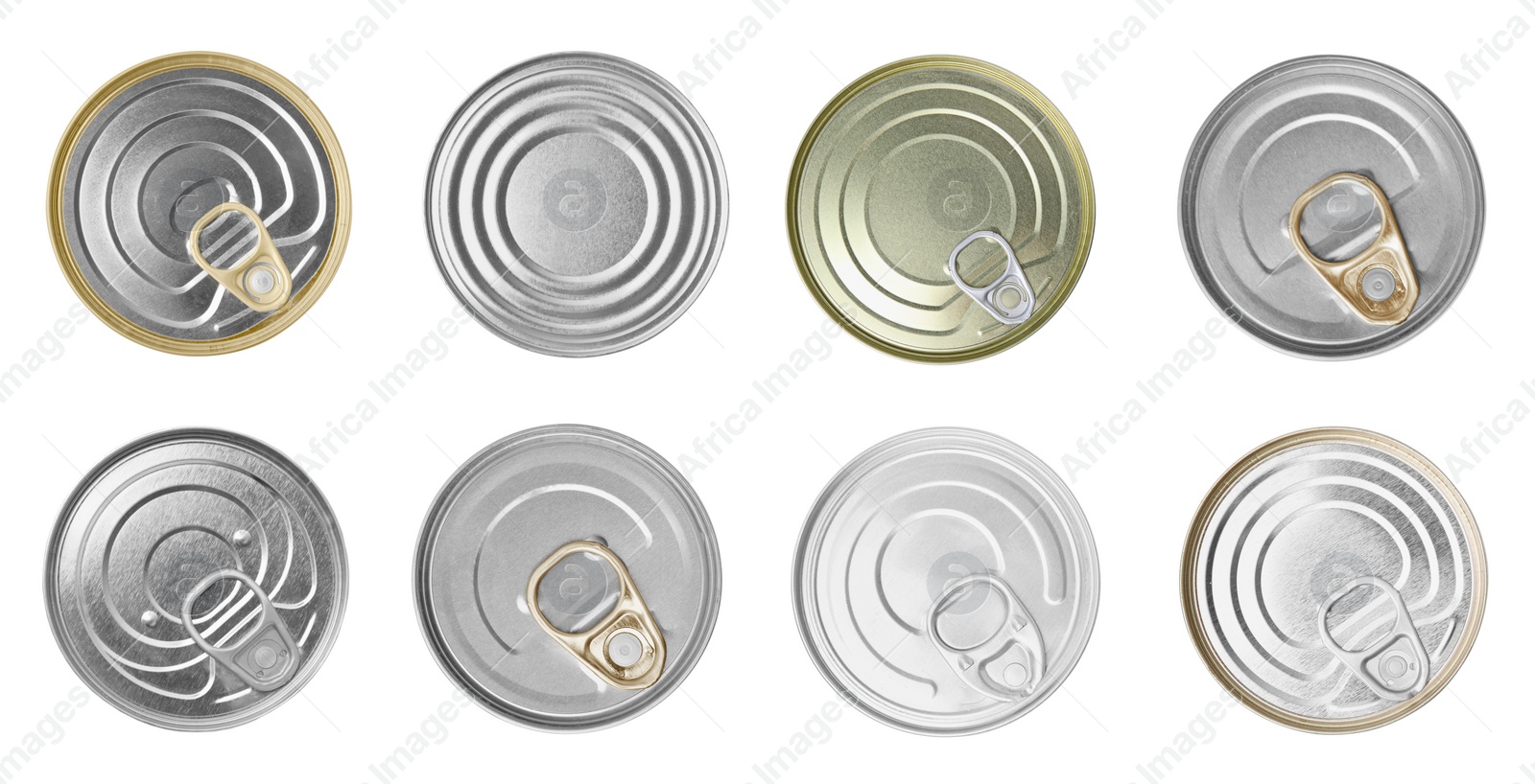 Image of Set of metal cans on white background, top view