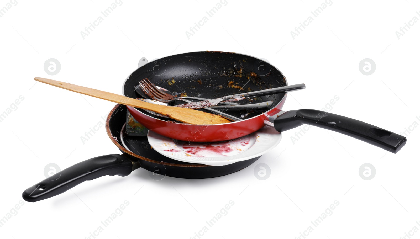 Photo of Many different dirty dishes on white background