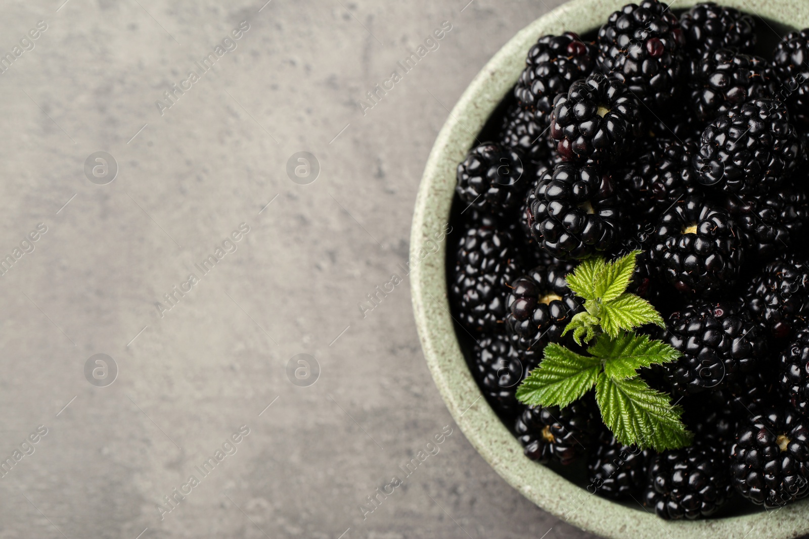 Photo of Bowl with fresh ripe blackberries on grey table, top view. Space for text