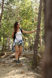 Photo of Young woman with backpack in forest on summer day. Camping season