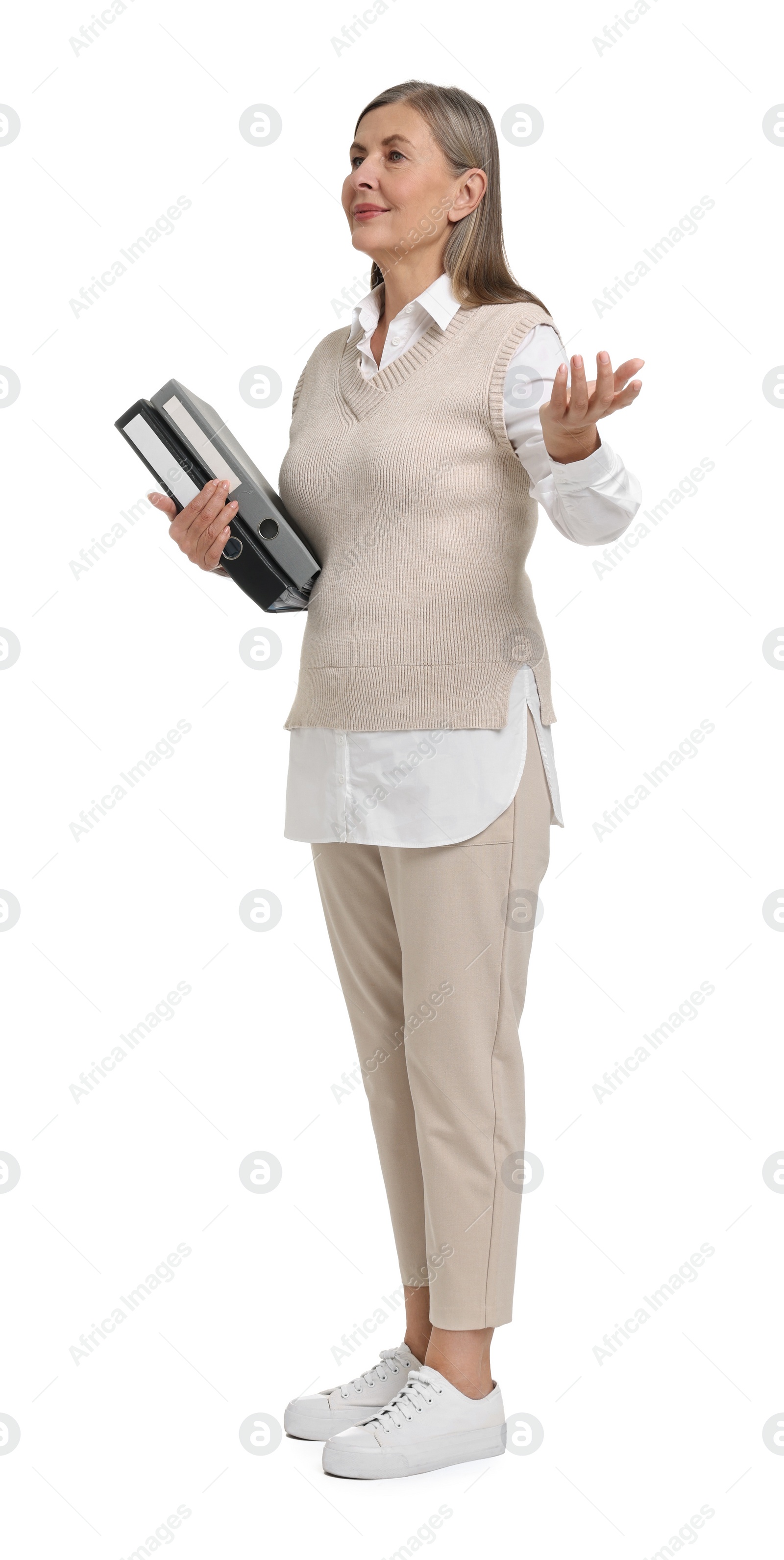 Photo of Senior woman with folders on white background