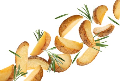 Tasty baked potatoes and rosemary falling on white background