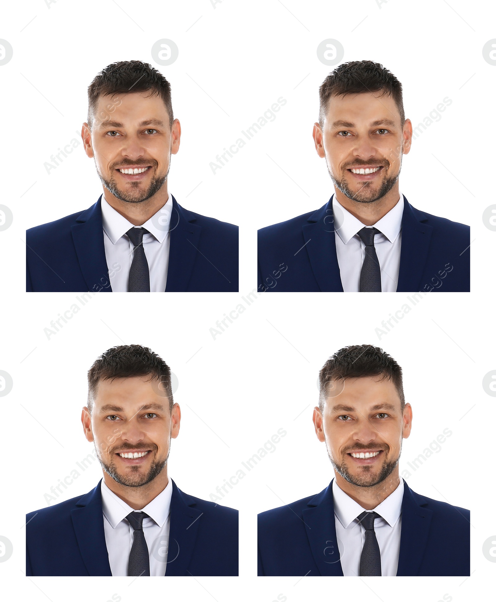 Image of Passport photo, collage. Man on white background, set of photos