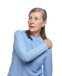 Arthritis symptoms. Woman suffering from pain in shoulder on white background