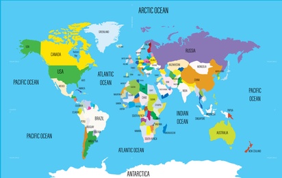 Illustration of World map with names of countries and oceans. Travel agency concept