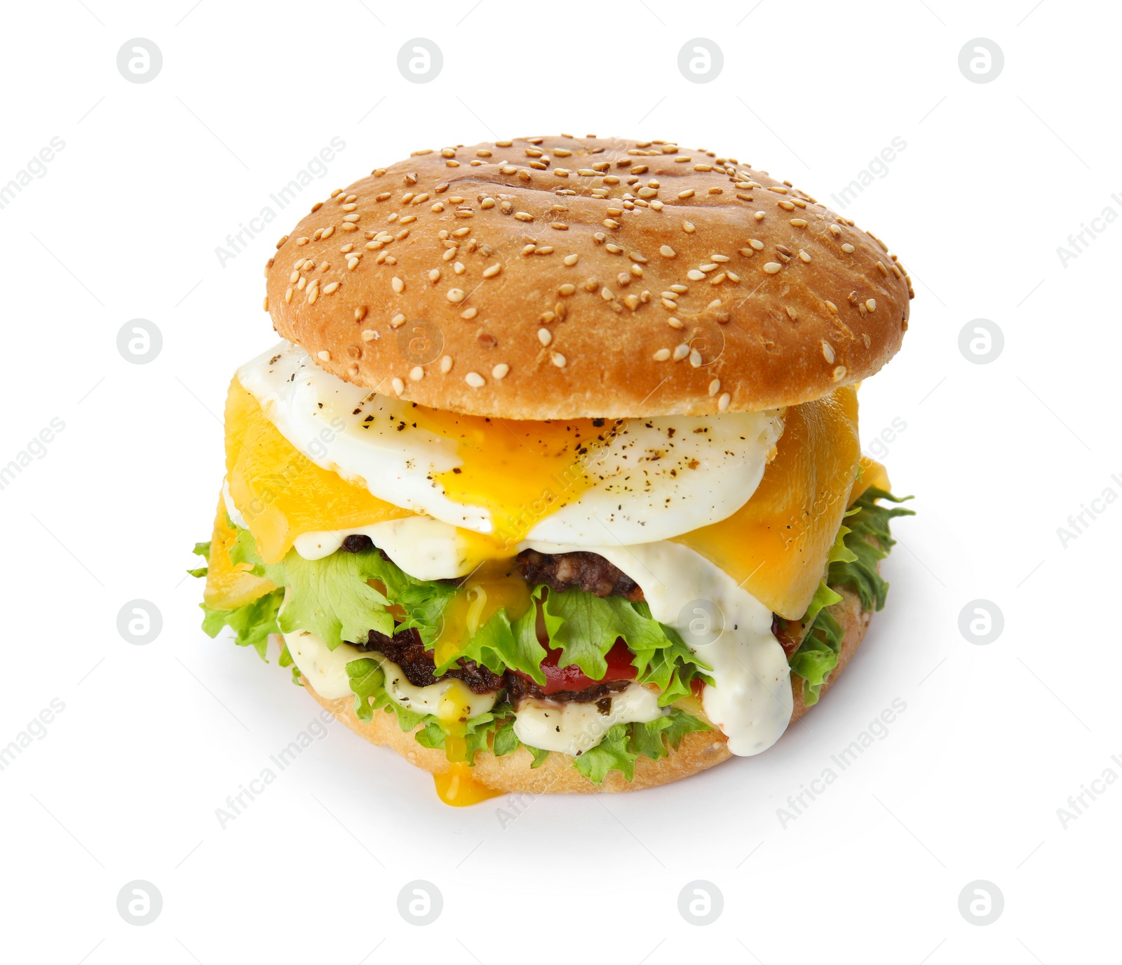 Photo of Tasty burger with fried egg on white background