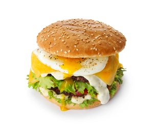 Tasty burger with fried egg on white background