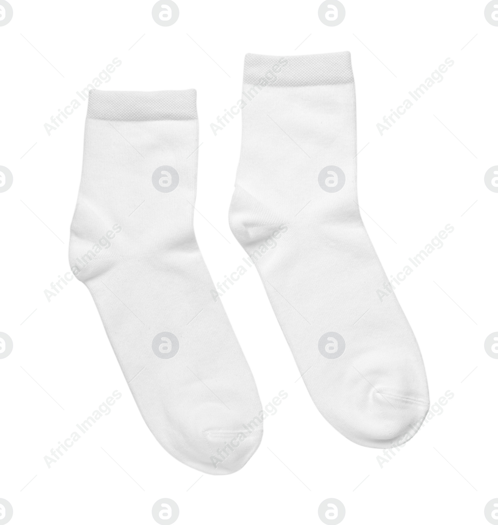 Photo of Pair of new socks isolated on white, top view