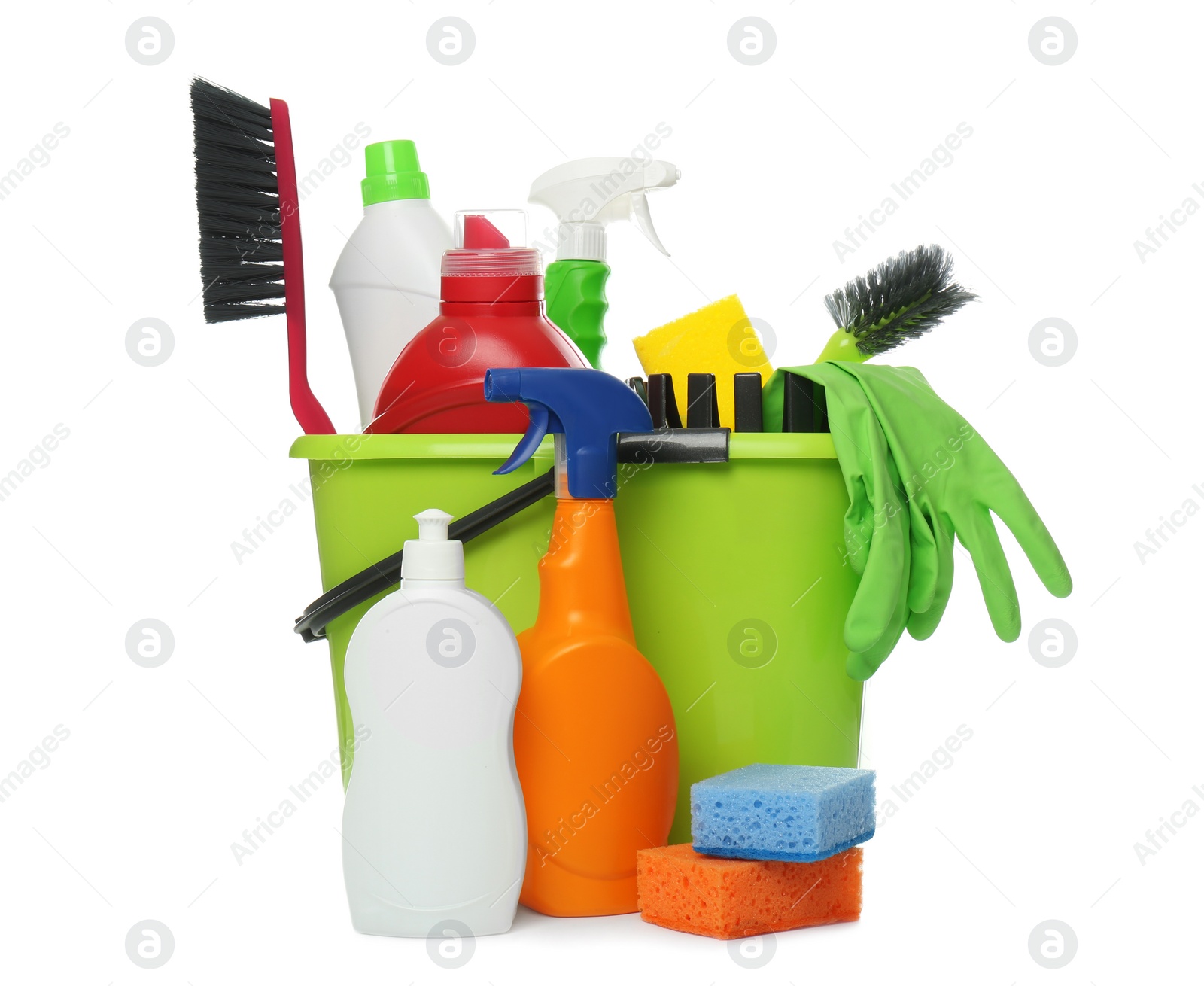 Photo of Bucket with different cleaning products and tools on white background