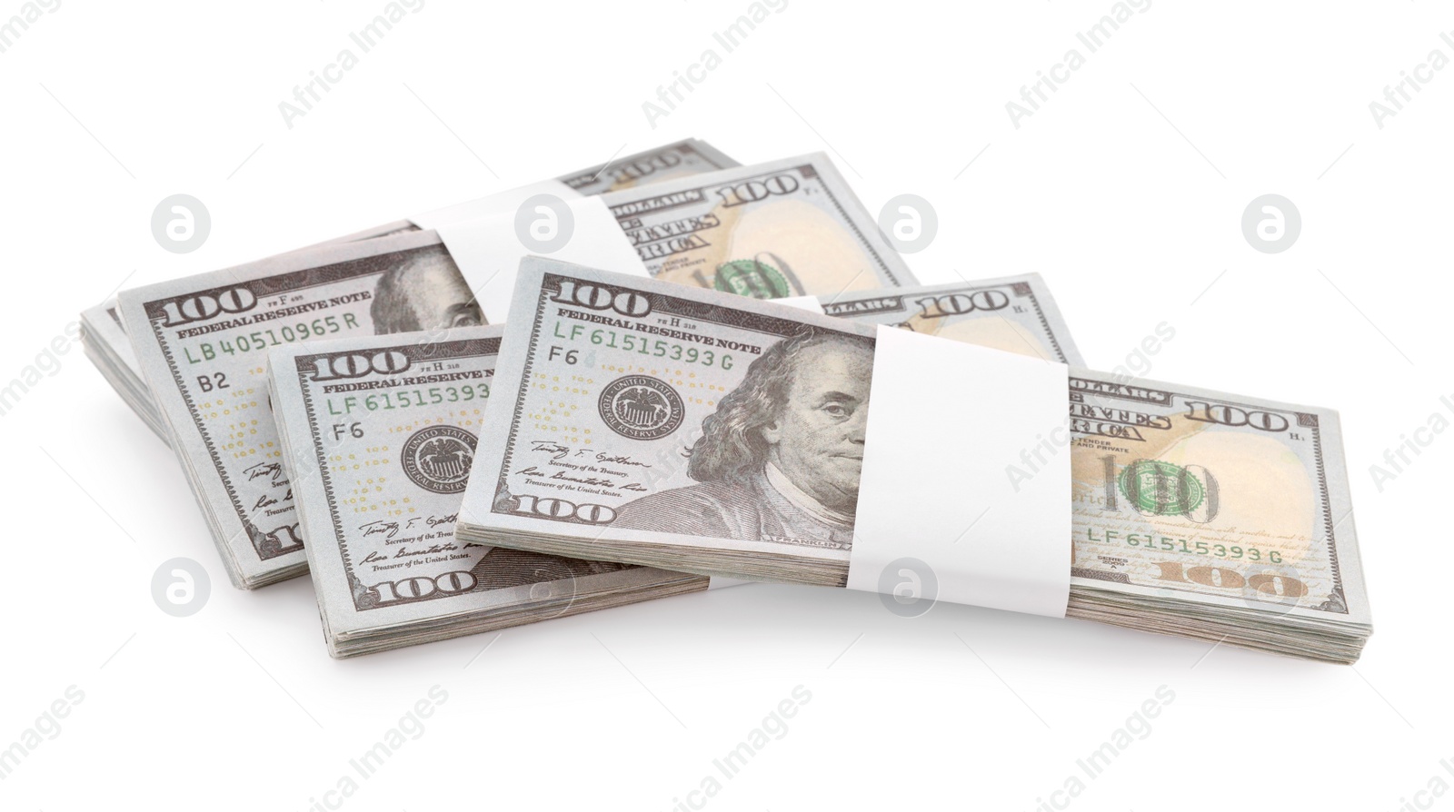 Photo of Bundles of dollar banknotes isolated on white. American national currency