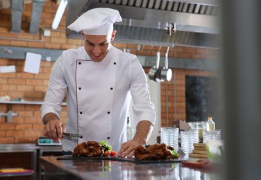 Professional chef with delicious fried chicken wings in restaurant kitchen