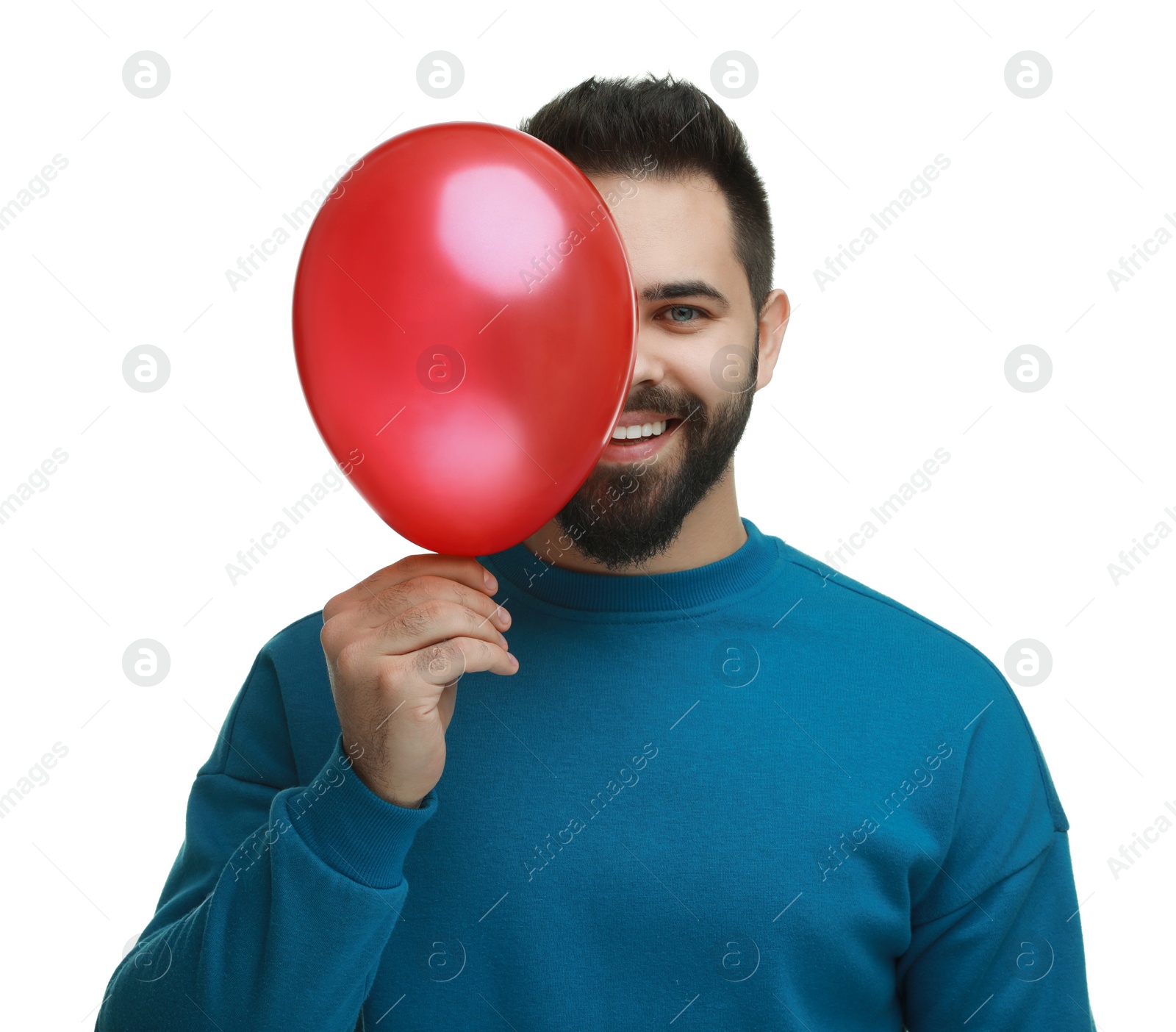 Photo of Happy man with bright balloon isolated on white