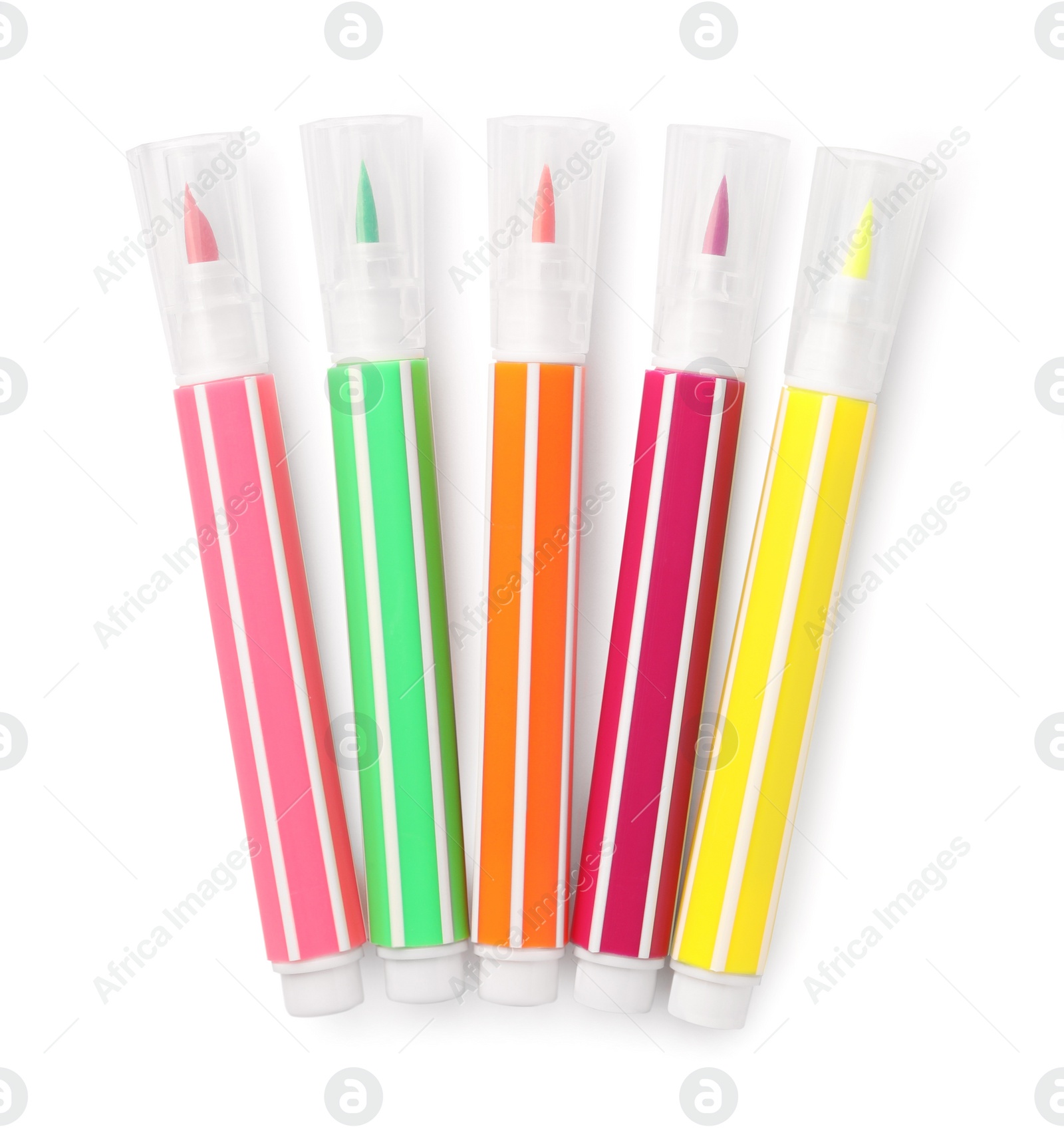 Photo of Many bright markers isolated on white, top view