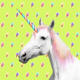Image of Trendy art collage. Beautiful unicorn on color background