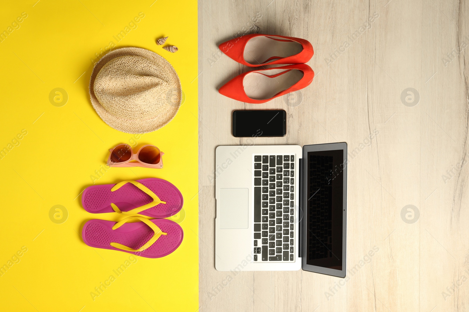 Photo of Flat lay composition with business items and beach accessories on color background. Concept of balance between work and life