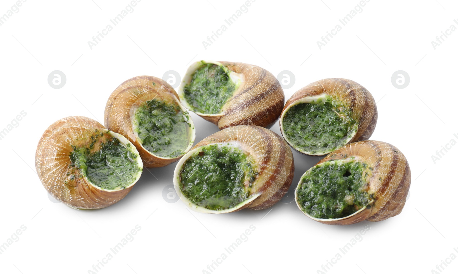 Photo of Many delicious cooked snails isolated on white