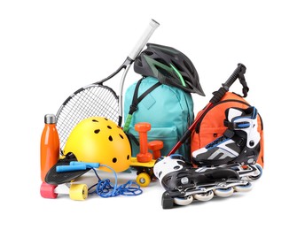 Photo of Many different sports equipment isolated on white