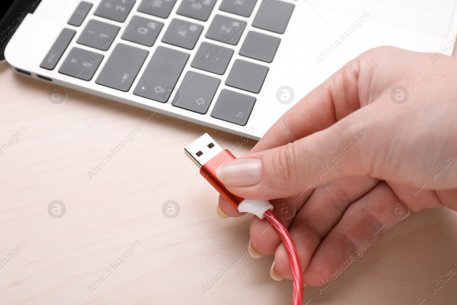 Photo of Woman holding USB cable near laptop on light wooden table, closeup