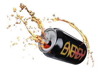 Image of Can of energy drink with splashes on white background