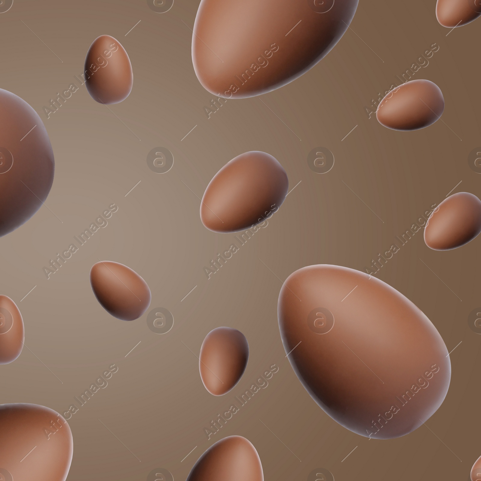 Image of Many chocolate eggs falling on brown background