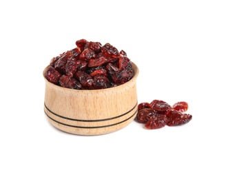 Photo of Bowl with cranberries on white background. Dried fruit as healthy snack