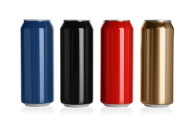 Set of aluminum cans with drinks on white background