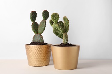 Photo of Beautiful cacti in pots on beige table