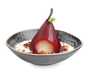 Photo of Tasty red wine poached pear with muesli and yoghurt isolated on white
