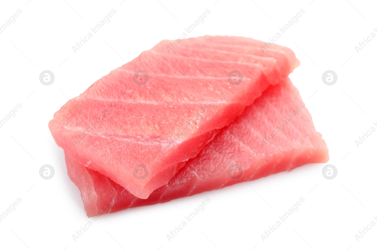 Photo of Tasty sashimi (pieces of fresh raw tuna) on white background