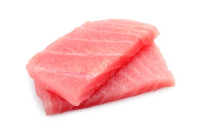 Tasty sashimi (pieces of fresh raw tuna) on white background