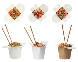 Set with boxes of tasty wok noodles on white background